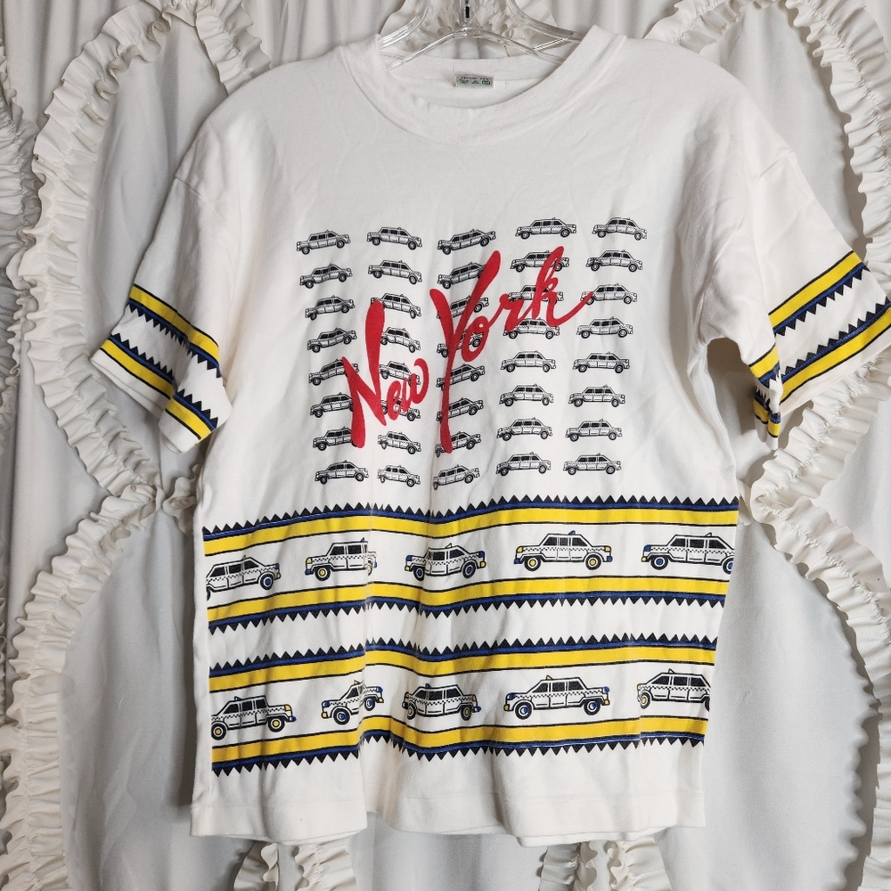 Vintage White New York Taxi Graphic Tee with Yellow & Navy Accents